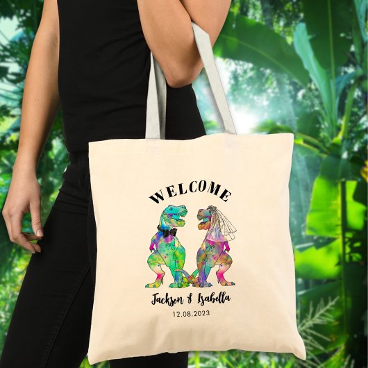Funny T Rex Bride en Groom Wedding Welcome Tote Bag