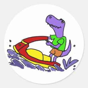Funny T-rex Dinosaur Jet Skiing Cartoon Ronde Sticker
