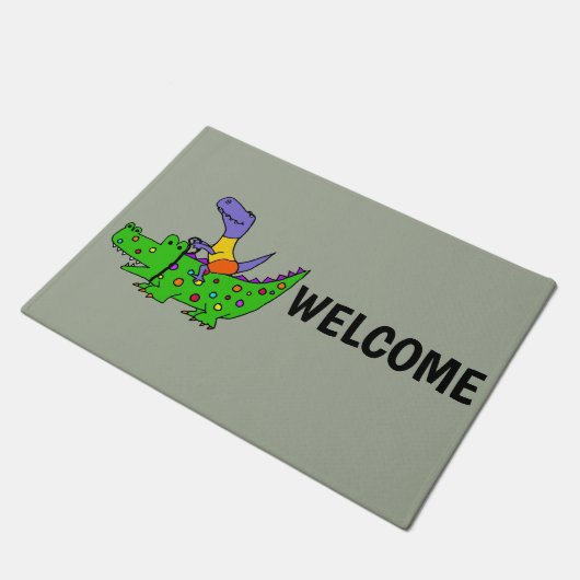 Funny T-rex Dinosaur Riding Alligator Deurmat (Schuin)