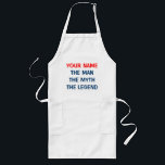 Funny | the man myth legend<br><div class="desc">Funny BBQ apron for men with funny | the man the myth the legend. Cute vend idea for papa on Fathers Day. Texte personnalisé. Make one for your father, husband, grandpa, brother, etc. Add your name. Blue and red color. Barbeque aprons in white beige and yellow, size short and long....</div>