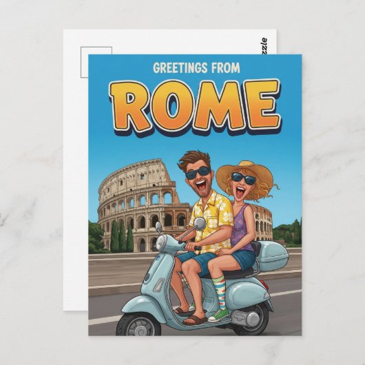 Funny Tourists on Vespa in Rome Italy Postcard Briefkaart (Voorkant / Achterkant)