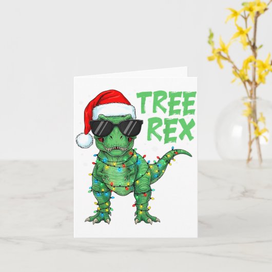 Funny Tree Rex Christmas Dinosaur Santa Hat Lights Kaart (Gele Bloem)
