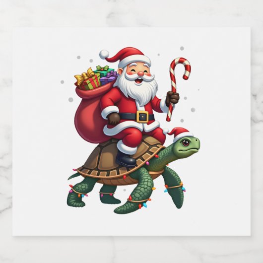 Funny Turtle Christmas Santa Riding Sea Turtle Xma Sparkling Wijnetiket (Enkel label)