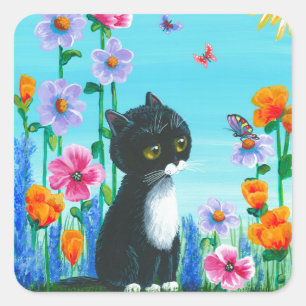 Funny Tuxedo Cat Butterflies Creationarts Vierkante Sticker
