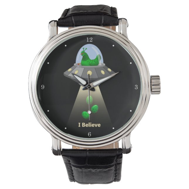 Funny UFO Green Chicken Egg Alien Abduction Horloge (Voorkant)