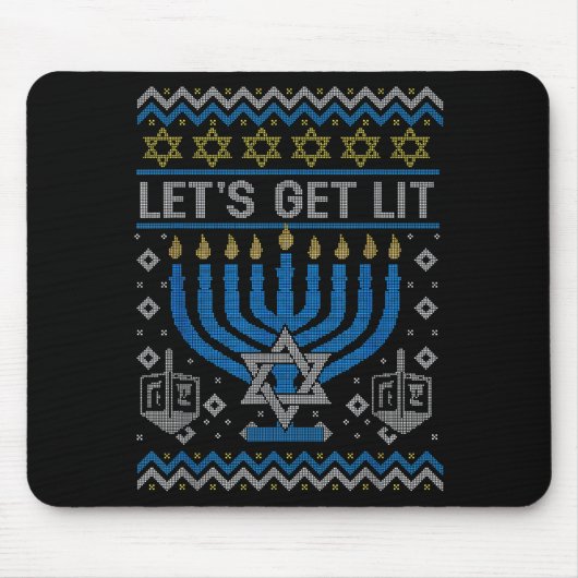 Funny Ugly Hanukkah Sweater Lets Get Lit Menorah J Muismat (Voorkant)