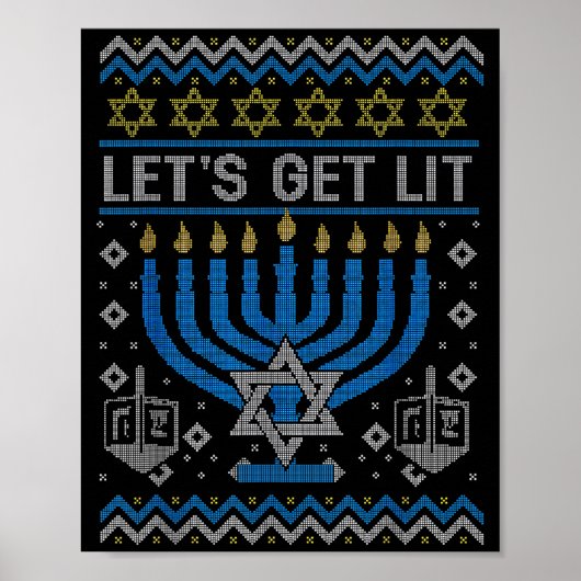 Funny Ugly Hanukkah Sweater Lets Get Lit Menorah J Poster (Voorkant)