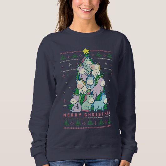 Funny Ugly KerstSweater Cute Unicorn Tree Trui (Voorkant)