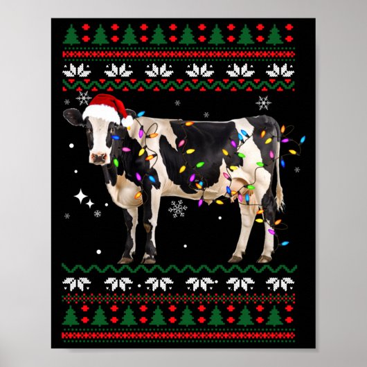 Funny Ugly Xmas Sweater Dairy Cow Farmer Lights Ch Poster (Voorkant)