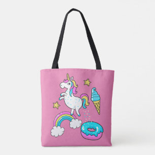 Funny unicorn pooping rainbow sproinkles op donut tote bag
