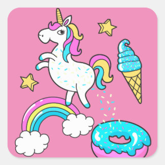 Funny unicorn pooping rainbow sproinkles op donut vierkante sticker