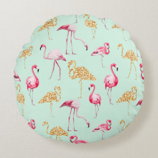 Funny Unique Girly Pink and Gold Funky Flamingo Rond Kussen