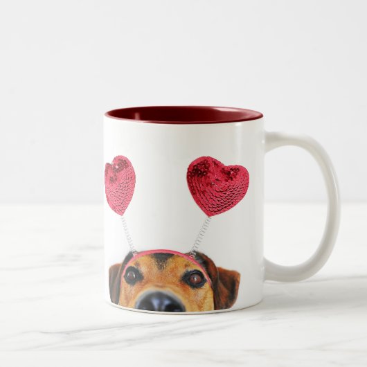 Funny Valentijnsdag Dog Cute Heart Headband Tweekleurige Koffiemok (Rechts)
