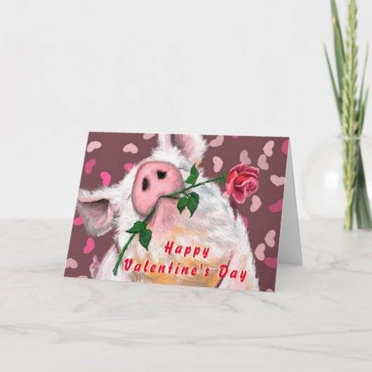 Funny Valentijnsdag Kaart Gentleman Pig met Roos (Voorkant)