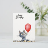 funny watercolor birthday card with cat  briefkaart (Staand voorkant)