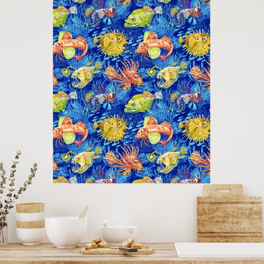 Funny waterverf vis poster (Keuken)