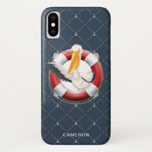 Funny Waving Pelican Nautical Navy Monogram iPhone X Hoesje