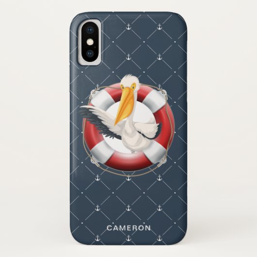 Funny Waving Pelican Nautical Navy Monogram Case-Mate iPhone Case (Achterkant)