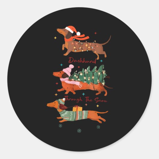 Funny Weiner Dog Dachshund Through The Snow Merry  Ronde Sticker (Voorkant)