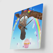 Funny Whimsical Giraffe, Cupcake & Rainbow Vierkante Klok (Hoek)