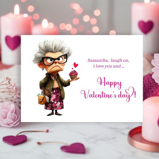 Funny Whimsical Grumpy Lady Valentine Card Feestdagenkaart