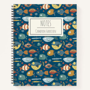 Funny Whimsical Ocean Zee Fish Blue, gepersonalise Notitieboek