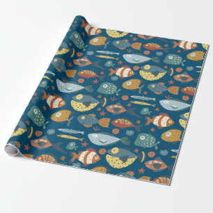 Funny Whimsical Ocean Zee Fish Blue Pattern Cadeaupapier