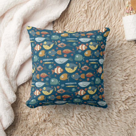 Funny Whimsical Ocean Zee Fish Blue Pattern Kussen (Deken)