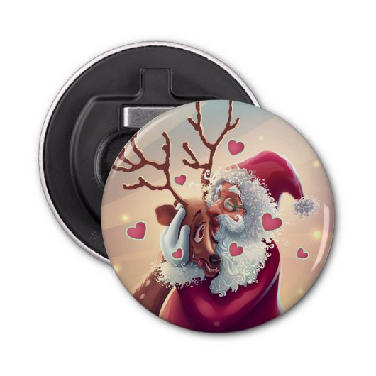 Funny Whimsical Santa and Reindeer Festive Holiday Button Flesopener (Voorkant)