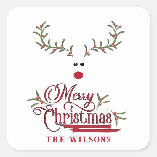 Funny whimsy holly berry reinreder Holiday Vierkante Sticker (Voorkant)