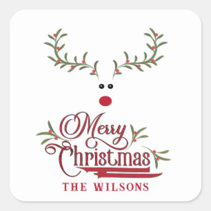 Funny whimsy holly berry reinreder Holiday Vierkante Sticker