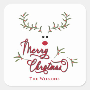 Funny whimsy holly berry reinreder Holiday Vierkante Sticker