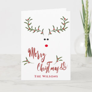 Funny whimsy holly reinder Red non photoHoliday Feestdagen Kaart