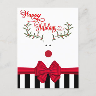 Funny whimsy holly reinreder red bow feestdagenkaart