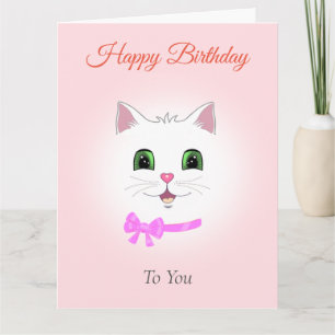 Funny White Cat Face on Light Pink Birthday Kaart