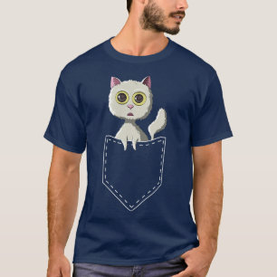 Funny White Cat in Pocket T-shirt Kawaii Anime
