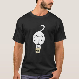 Funny White Cat Jumping Drink Boba Milk Tea T-shirt