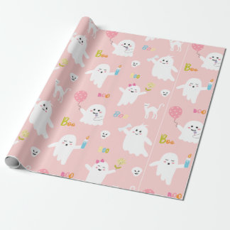 Funny White Ghost Pink With Balloon Halloween Cadeaupapier