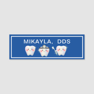 Funny White Teeth Dentistry Blue Name Tag