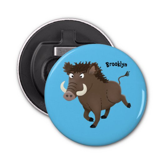 Funny wild boar razorback cartoon illustratie button flesopener (Voorkant)