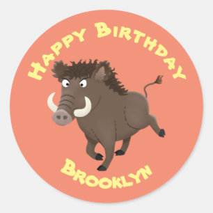 Funny wild boar razorback cartoon illustratie cla ronde sticker