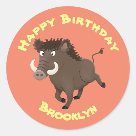 Funny wild boar razorback cartoon illustratie cla ronde sticker (Voorkant)