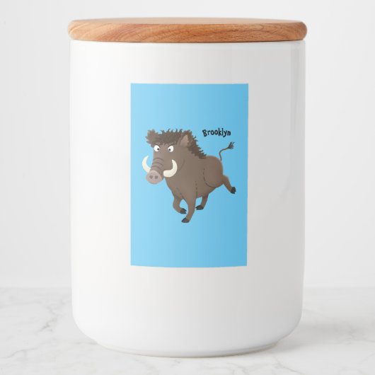 Funny wild boar razorback cartoon illustratie voedselcontainer etiket (Voorkant)