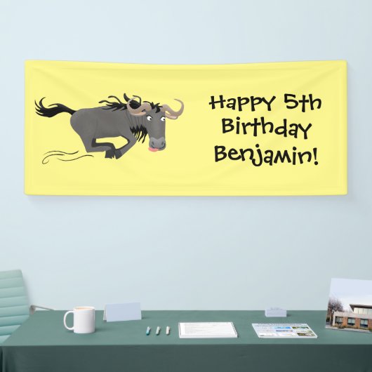 Funny wildebeest die de illustratie van de cartoon spandoek (Beurs)