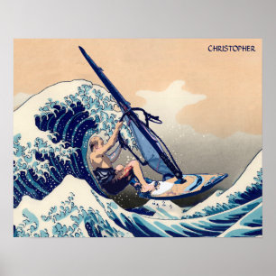 Funny Windsurfder op de Grote Golf van Hokusai Poster