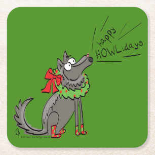 Funny Wolf Happy Howlidays Holiday Vierkante Kartonnen Onderzetter