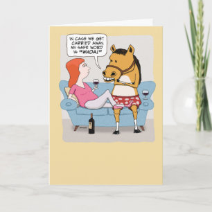 Funny Woman and Horse Drink Wine Birthday Kaart