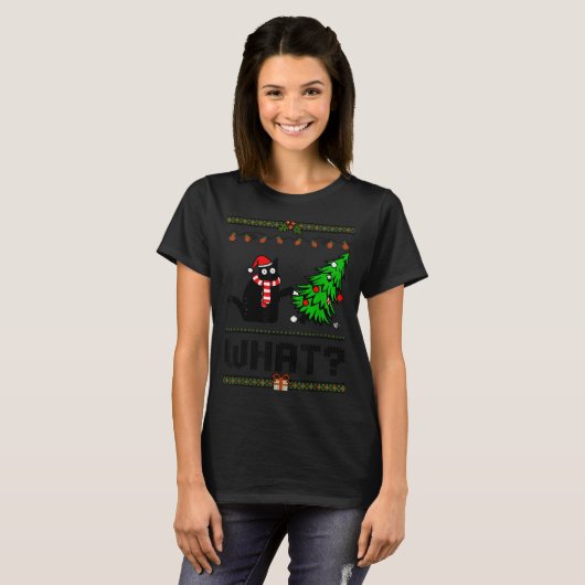 Funny Xmas Black Cat Pushing Christmas Tree Over C T-shirt (Voorkant volledig)