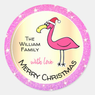 Funny Xmas Flamingo Roze Glitter Ronde Sticker