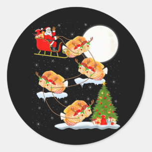 Funny Xmas Lighting Tree Santa Riding Discus Fish Ronde Sticker